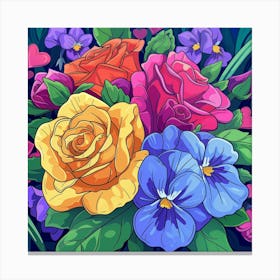 Bouquet Of Roses And Pansies Canvas Print