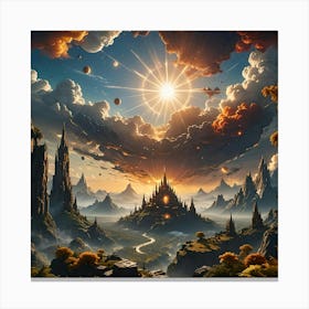 Bright Sun Over Mysterious Mountain Castle Canvas Print