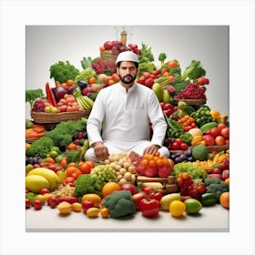 Muslim Man Surrounded By Fruits And Vegetables Canvas Print