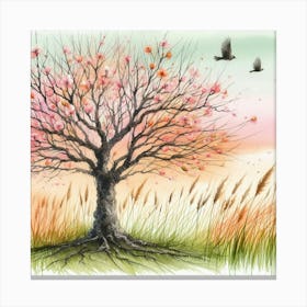Watercolor Tree With Birds Canvas Print