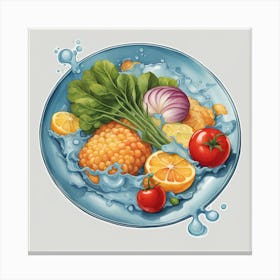 A Plate Of Food And Vegetables Sticker Top Splashing Water View Food 9 Canvas Print