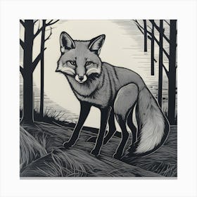 Fox In The Woods Linocut 1 Canvas Print