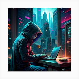 Hacker In A Hoodie Working In A Futuristic City Canvas Print