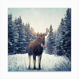 Firefly Scandinavian, Art, Illustration, Serene, Winter, Forest, Baby, Moose, Snowy, Clearing, Antle (1) Canvas Print