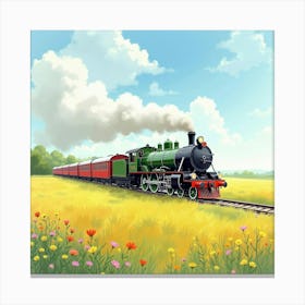 Classic Train Traveling Through A Vibrant Watercolor Meadow 1 Canvas Print