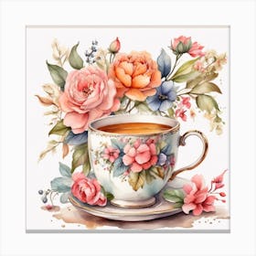 Tea Cup With Flowers Canvas Print