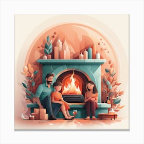 Family In Front Of Fireplace Canvas Print