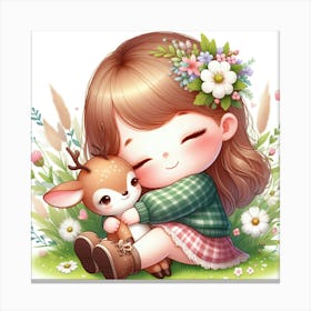 Cute Girl Hugging A Deer Canvas Print