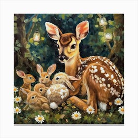 Fawn And Rabbits Fairycore Painting 2 Canvas Print