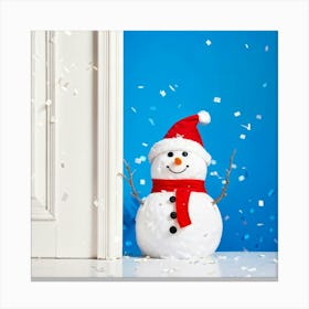 Snowman With Glittery Silver Sequin Decorations Peeking From Behind A Vibrant White Wall Its Friend Canvas Print