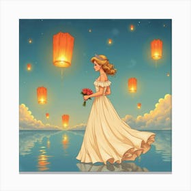 Princess Diana In A Dreamy Watercolor Scene With Floating Lanterns 1 Canvas Print