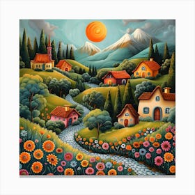 Village In The Sun, Naive, Whimsical, Folk Canvas Print