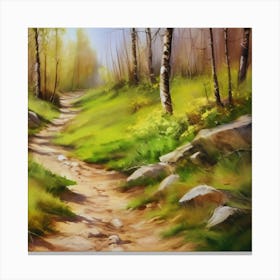 Path In The Woods.A dirt footpath in the forest. Spring season. Wild grasses on both ends of the path. Scattered rocks. Oil colors.18 Canvas Print