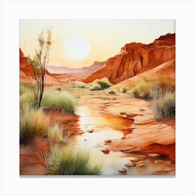 Watercolor A Serene Landscape In Red Desert Bathed In Shades Of Terracotta Olive Green Canvas Print