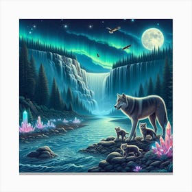 Wolf and Cubs by Crystal Waterfall Under Full Moon and Aurora Borealis Canvas Print