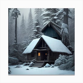 Small wooden hut inside a dense forest of pine trees with falling snow 14 Canvas Print