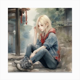 Girl Sitting On The Ground Canvas Print