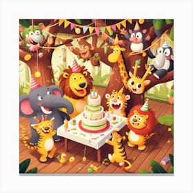 Birthday Party In The Jungle - A group of jungle animals are having a party in a treehouse. The animals are all different shapes and sizes, and they are all wearing funny hats and costumes. The treehouse is decorated with balloons and streamers, and there is a big cake in the middle of the table. The animals are all laughing and having a good time. Canvas Print