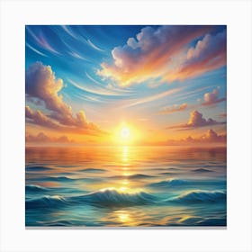 A digital illustration of a serene ocean scene with a bright sunset and clouds. Canvas Print