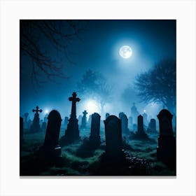 Cemetery Scene On A Halloween Night With Fog And Ghostly Silhouettes Against The Night Sky Haunted (2) Canvas Print