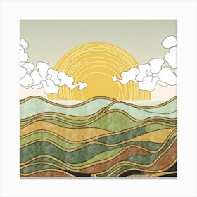 Straight and broken flowing lines and tree shapes, gold, sage, orange, lemon and brown calligraphy drawing in the form of a tropical ocean. 2 Canvas Print