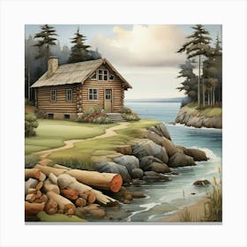 Coastal Log Cabin Landscape Art Print 1 Canvas Print