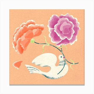 Peony Flowers And A White Dove On Pink Square Canvas Print