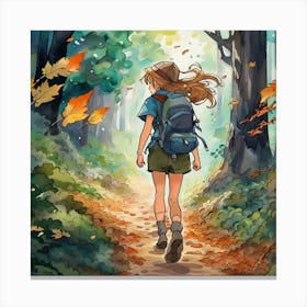 Watercolor Autumn Hike in Forest Landscape Canvas Print