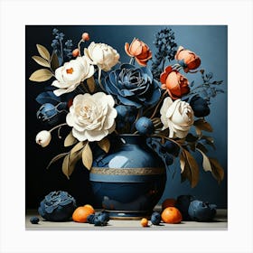 Floral Contemporary Still Life Dark Blue Art Print 1 Canvas Print