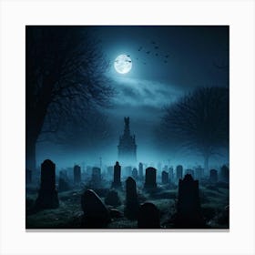 Full Moon Casting An Eerie Glow Over A Cemetery Gravestones Crooked With Names Worn By Time Mist C Canvas Print