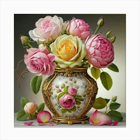 Antique fuchsia jar filled with purple roses, willow and camellia flowers 3 Canvas Print