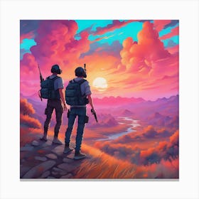 Two Soldiers Looking At The Sunset Canvas Print