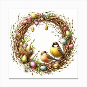 Easter Wreath With Nest, Birds And Dyed Eggs, Watercolor Painting Style Canvas Print