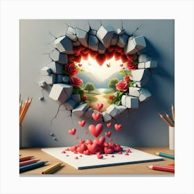 Wall Breakthrough With Hearts Canvas Print