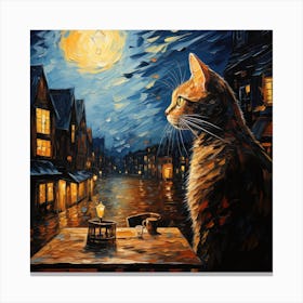 Cat And Cafe Terrace At Night Van Gogh Inspired 05 Canvas Print