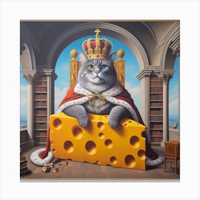 The King of Cheese and Books: A Surreal and Classic Painting of a Cat on a Throne Canvas Print