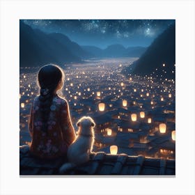 Little girl and her little dog looking at the night sky together 4 Canvas Print