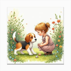 A Beagle And A Young Girl Exploring A Garden Together, Watercolor 1 Canvas Print