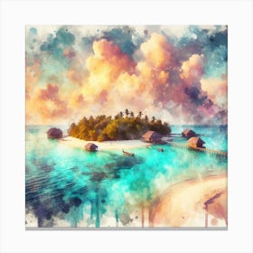 Tropical Haven, A pastel artwork showcasing a detailed view of the lush greenery on parts of the atoll, contrasted against the deep blue ocean. This artwork would look great in a study or a bedroom, where it can inspire creativity and relaxation. Canvas Print