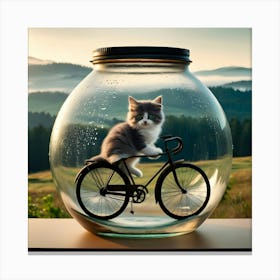 A Serene And Cinematic Photograph Of A Adorable Grey Cat On A Bike In A Glass Jar Canvas Print