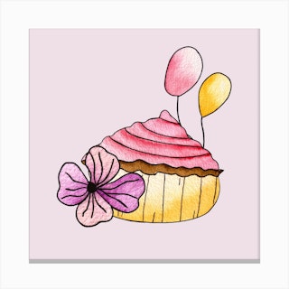 Pink Strawberry Cupcake Square Canvas Print