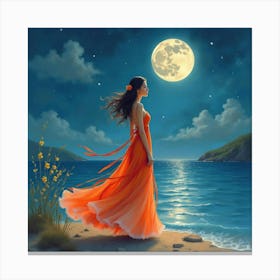 Elegant Woman In Watercolor Attire, Serene Moonlit Night 1 Canvas Print