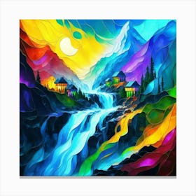 Abstract art stained glass art of a mountain village in watercolor 3 Canvas Print