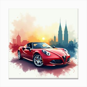 Alfa Romeo 4c Spider Against A Colorful Watercolor Skyline 1 Canvas Print