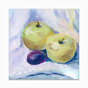 Two Apples And A Plum kitchen art still life square hand painted food green purple Canvas Print