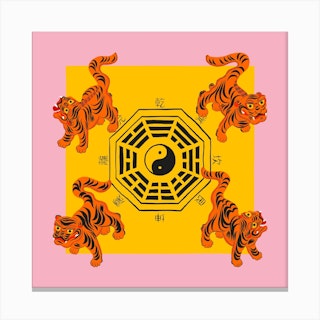 Bagua Tigers Pink Square Canvas Print
