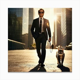 Businessman Wearing Sunglasses Accompanied By A Cat Playing At His Feet Downtown Skyscrapers Loomin (5) Canvas Print