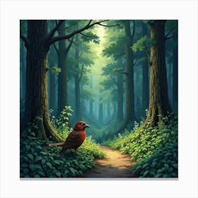 Red Bird In The Forest Canvas Print