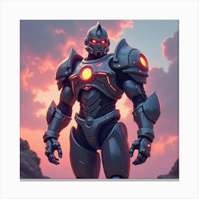 Titan With Glowing Armor, Set Against A Colorful Watercolor Sky 1 Canvas Print