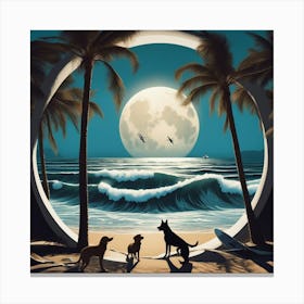 Dogs Full Moon, Sandy Parking Lot, Surfboards, Palm Trees, Beach, Whitewater, Surfers, Waves, Ocean, (1) Canvas Print